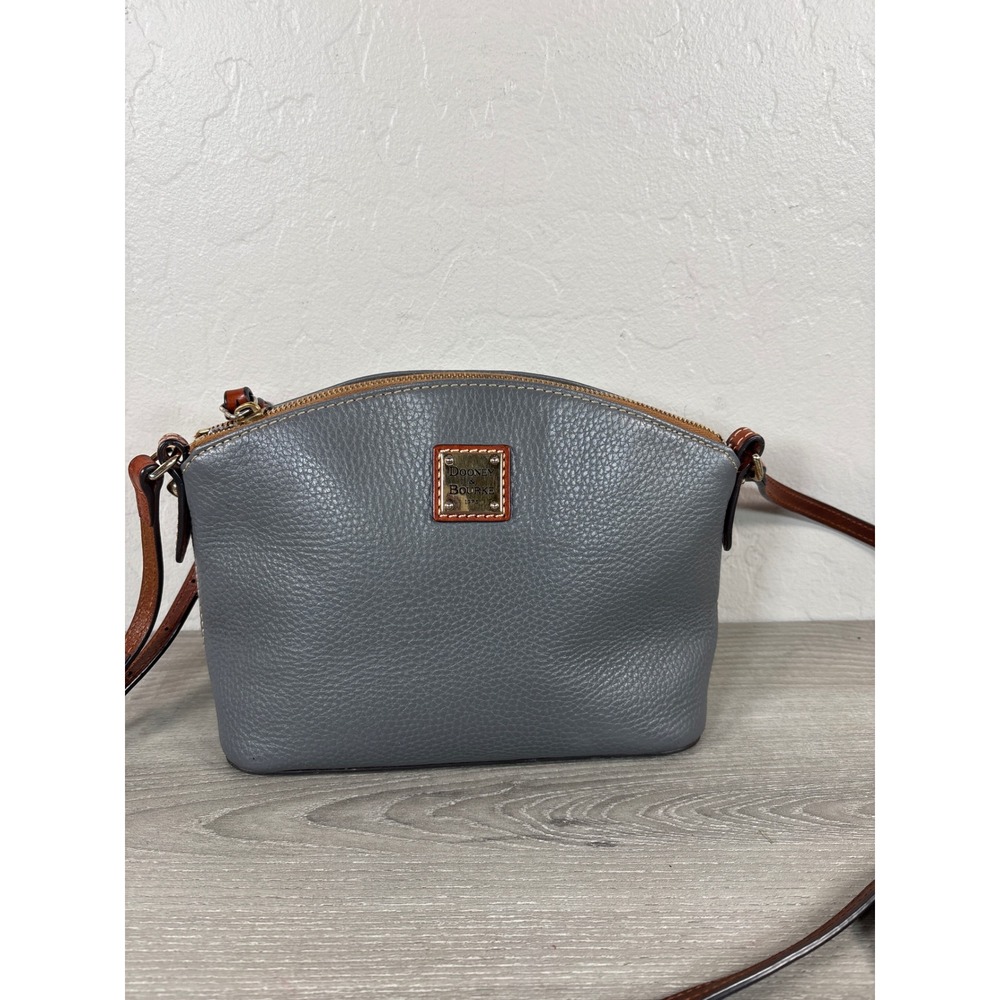 Dooney & Bourke Pebble Grain Leather Suki Crossbody Bag Slate Gray Tan Trim